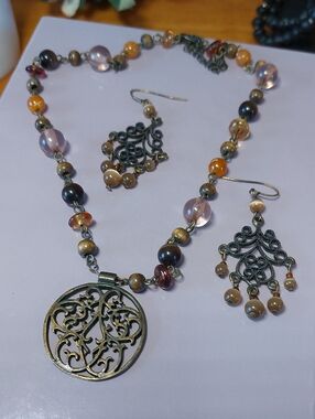 Boho Brown Earthtone Bead Necklace Earring Lot Antique Bronze
